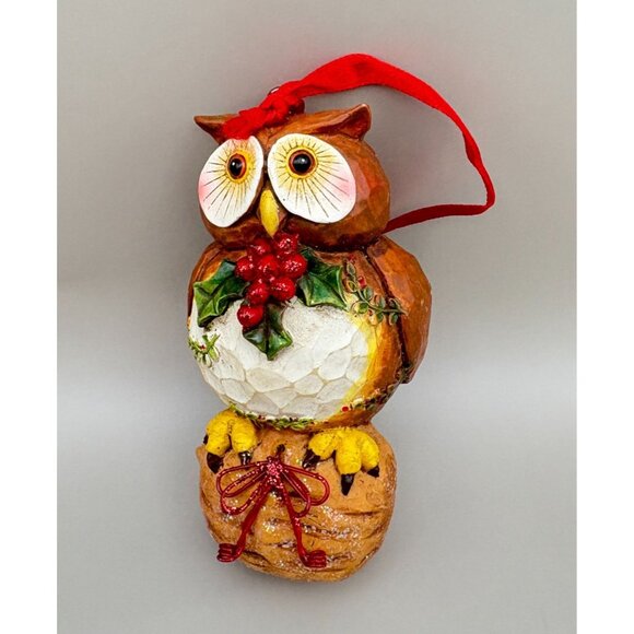 Vintage Owl on Walnut Christmas Tree Ornament Carved Style Big Eyes - Picture 7 of 7